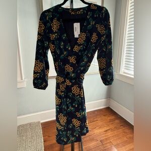 J. Crew Navy and Yellow Floral Long Sleeve Dress
